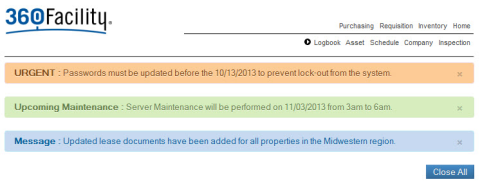 The main application page displaying an urgent notification, a maintenance notification, and a message