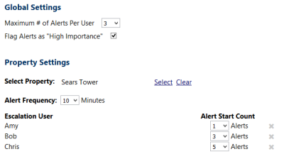 A screen capture displaying the emergency esccalation settings for three users