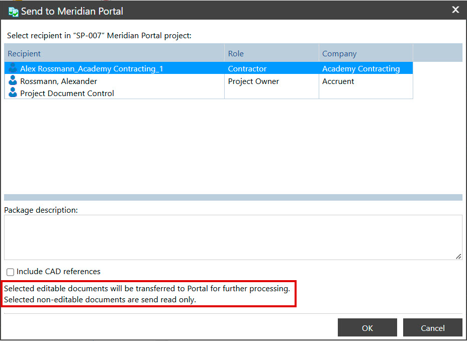 Send to Meridian Portal dialog