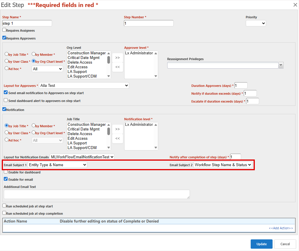Email Subject 1 and Email Subject 2 options on Edit step dialog