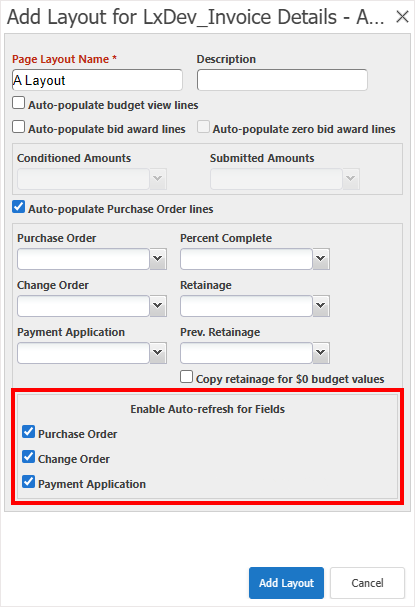 Add layout dialog with Enable Auto-refresh for Fields options