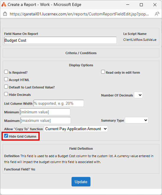 hide grid column selected
