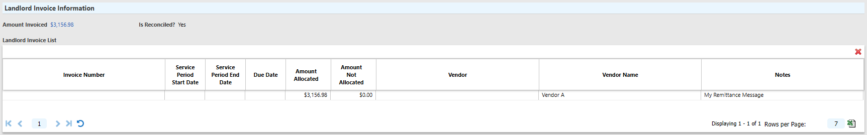 Landlord invoice information section of a Transaction