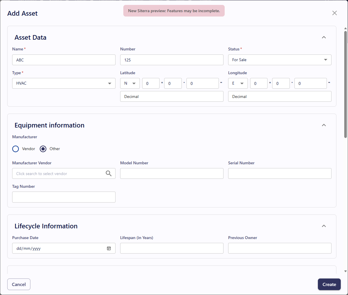 Add asset form