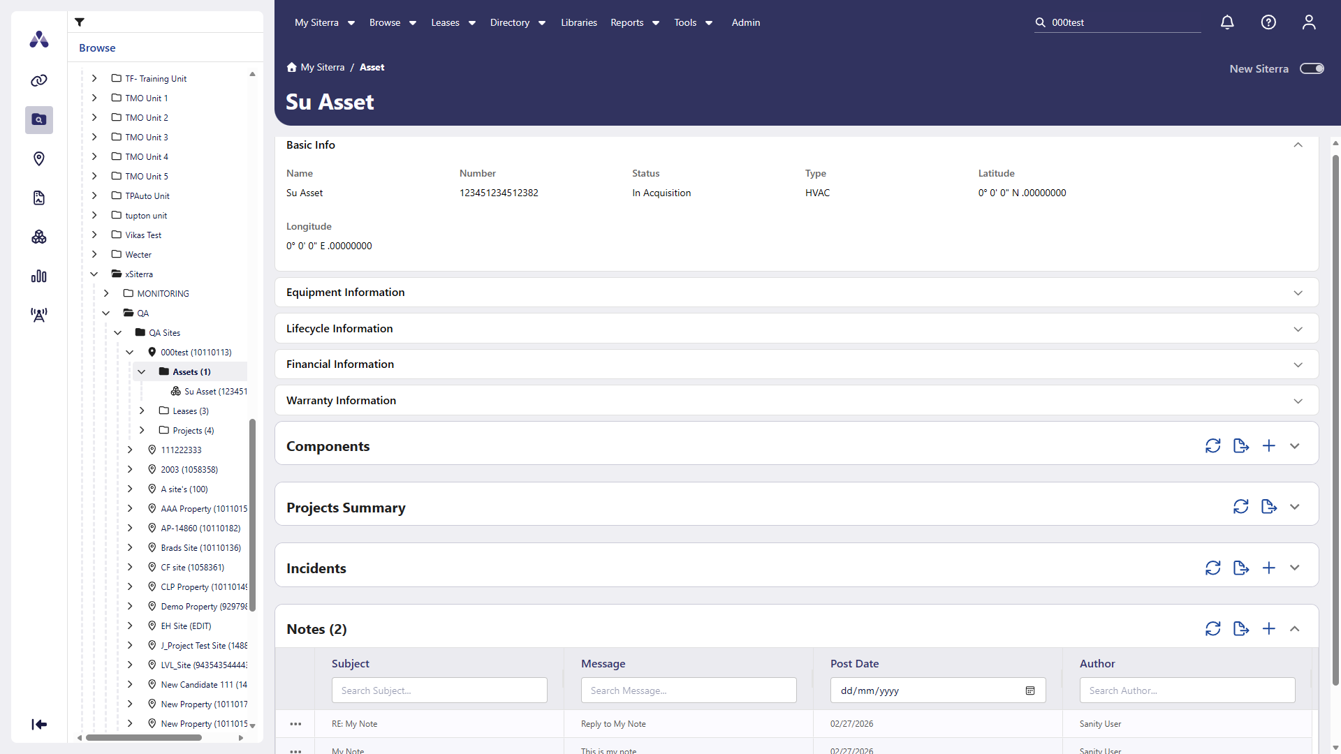 Asset Home page in new Siterra